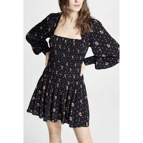 Free People Mini Dress Medium  Black Blue Long Sleeves - Picture 2 of 13